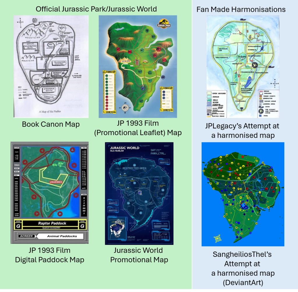 Official Jurassic Park/Jurassic World map depicting Isla Nublar, showcasing various locations and attractions.