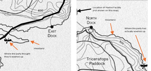 Detailed map indicating the locations of the East and North Docks, headlands, and two markers showing where a party mistakenly thought they had washed up and where they actually arrived.