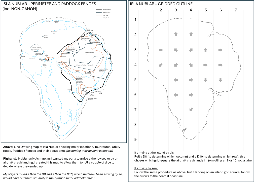 Map of Isla Nublar showing perimeter and paddock fences, utility roads, and major locations. Includes a gridded outline for determining arrival points by air or sea.